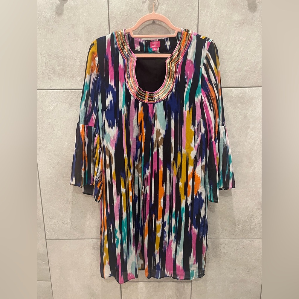 Trina Turk Pink and Black Pleated Tunic with 3/4 Sleeves